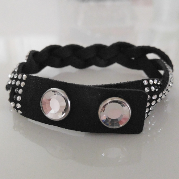 Black Suede Clear Rhinestone Sparkly Bracelet - Picture 4 of 5